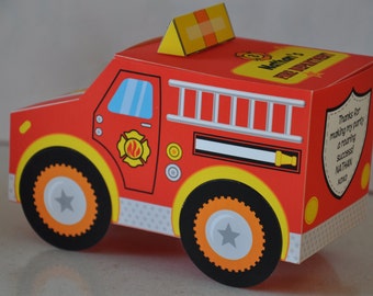 Firefighter printable favor box, Editable fire engine birthday party favors, Papercraft truck centerpiece treat boxes - digital download
