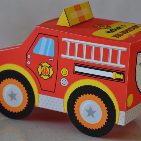 Firefighter party printable favor box / Fire engine birthday party favors / Fire truck papercraft centerpiece treat box digital download