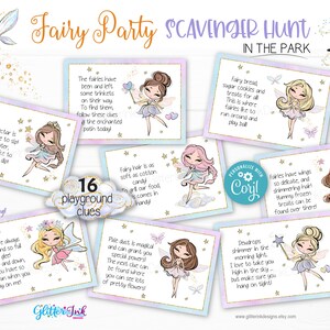 Playground Fairy scavenger hunt / Fairy party kids treasure hunt clues / Enchanted garden fairies birthday printable game for park outdoors