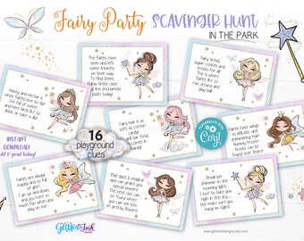 Playground Fairy scavenger hunt / Fairy party kids treasure hunt clues / Enchanted garden fairies birthday printable game for park outdoors