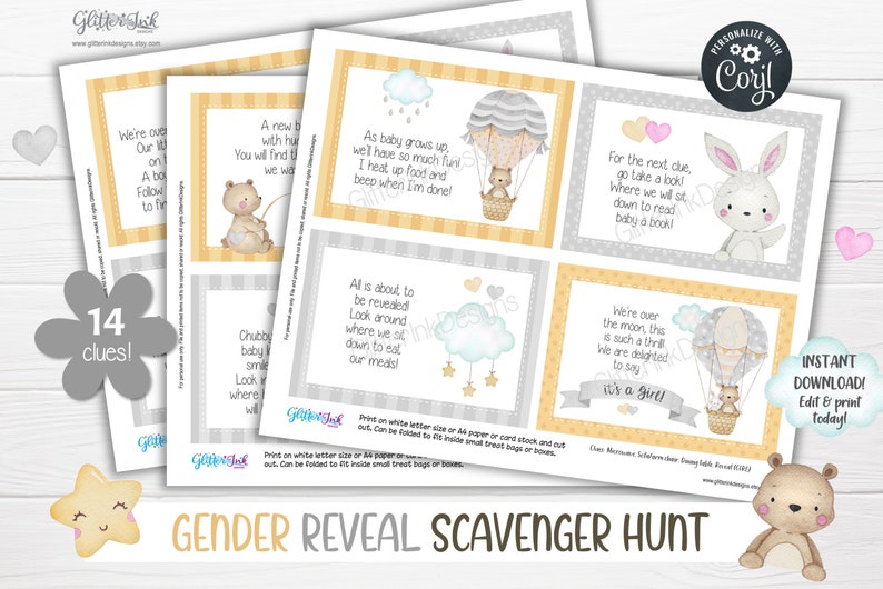 Gender reveal scavenger hunt clue cards for baby shower party games, Neutral nursery printable treasure hunt clues image 9