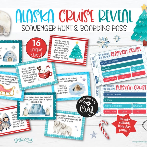 Alaska cruise surprise trip reveal scavenger hunt with boarding pass / Christmas family vacation kids treasure hunt clues printable tickets