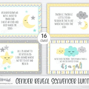 Gender reveal scavenger hunt clue cards for baby shower party games, Neutral nursery printable treasure hunt clues image 6