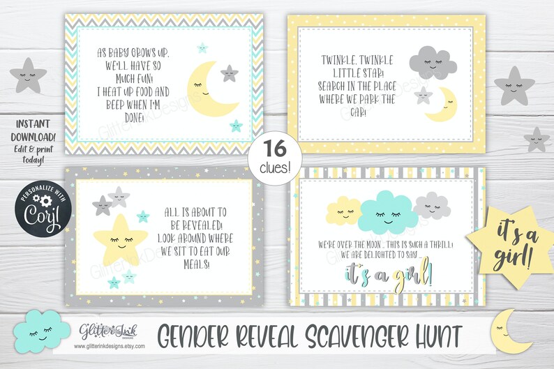 Gender reveal scavenger hunt clue cards for baby shower party games, Neutral nursery printable treasure hunt clues image 6