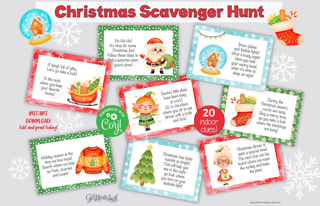 Christmas Scavenger Hunt Clue Cards / Christmas Kids Treasure Hunt ...