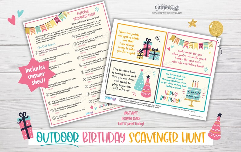 OUTDOOR Kids Birthday Scavenger Hunt Clue Cards, Printable Treasure ...