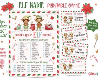 What's your Elf name printable Christmas games for kids, Elves sign, name tags & cards family party game instant digital download dark skin