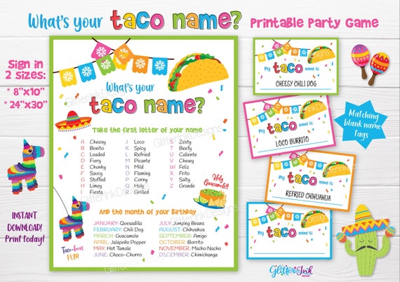 What's your Taco name printable party game, Taco Tuesday nickname generator sign with name tags and cards, Cinco de Mayo fiesta family games