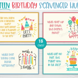 Op de afbeelding: Een set van 18 kleurrijke, afdrukbare kaarten met raadsels voor een verjaardagspeurtocht voor tieners. De kaarten bevatten illustraties van verjaardagshoedjes, ballonnen, kaarsen en taart. De tekst op de kaarten bevat zinnen als "Let's Party!" en "Make a Wish".
