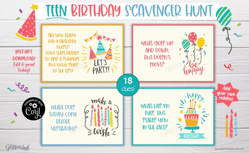 Op de afbeelding: Een set van 18 kleurrijke, afdrukbare kaarten met raadsels voor een verjaardagspeurtocht voor tieners. De kaarten bevatten illustraties van verjaardagshoedjes, ballonnen, kaarsen en taart. De tekst op de kaarten bevat zinnen als "Let's Party!" en "Make a Wish".