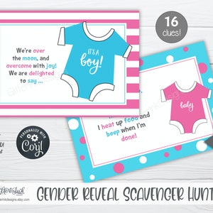 Gender reveal scavenger hunt clue cards for baby shower party games, Sibling announcement printable treasure hunt clues image 5