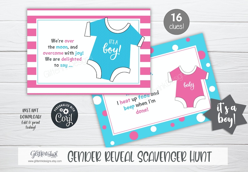 Gender reveal scavenger hunt clue cards for baby shower party games, Sibling announcement printable treasure hunt clues image 5