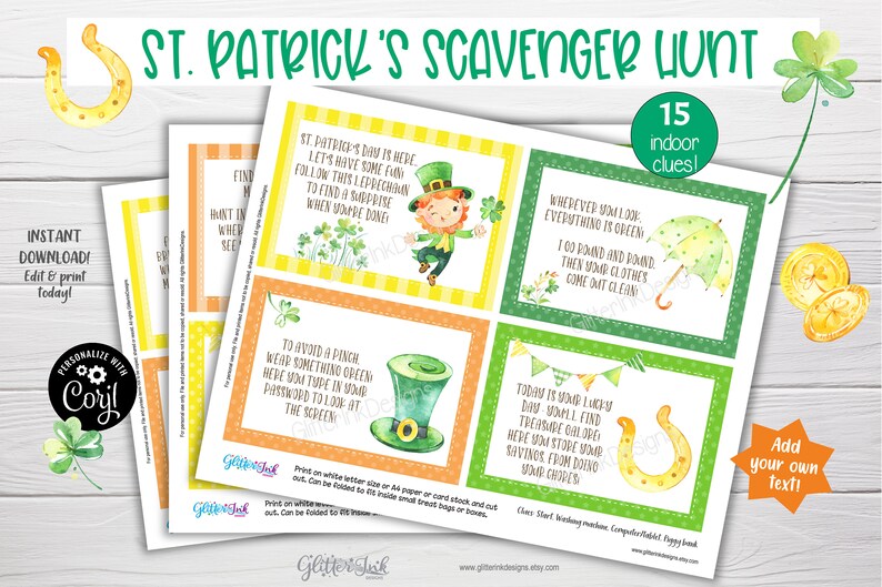 Op de afbeelding: Een printbare St. Patrick's Day speurtocht met 15 aanwijzingen. De kaarten hebben een groen, geel en oranje kleurenschema met illustraties van klavertjesvier, kabouters en een pot met goud. De tekst op de kaarten bevat rijmpjes en raadsels die kinderen kunnen oplossen.