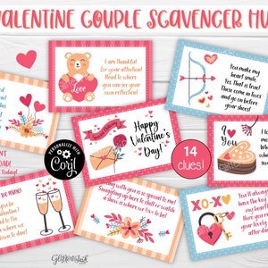 May include: A printable Valentine's Day scavenger hunt for couples with 14 clues. The clues are printed on pink and blue cards with illustrations of hearts, flowers, and other romantic symbols. The cards include phrases like "Roses are red, violets are blue..." and "I love you to the moon and back!"