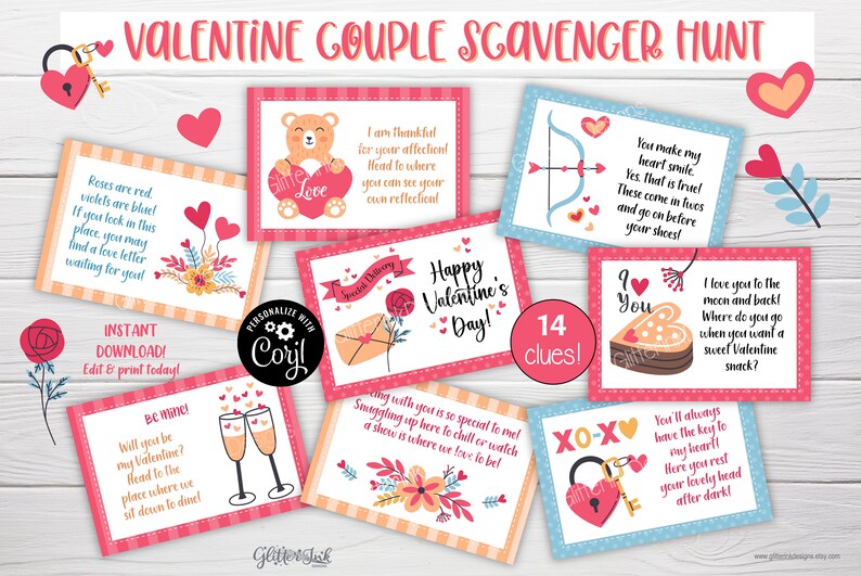 May include: A printable Valentine's Day scavenger hunt for couples with 14 clues. The clues are printed on pink and blue cards with illustrations of hearts, flowers, and other romantic symbols. The cards include phrases like "Roses are red, violets are blue..." and "I love you to the moon and back!"