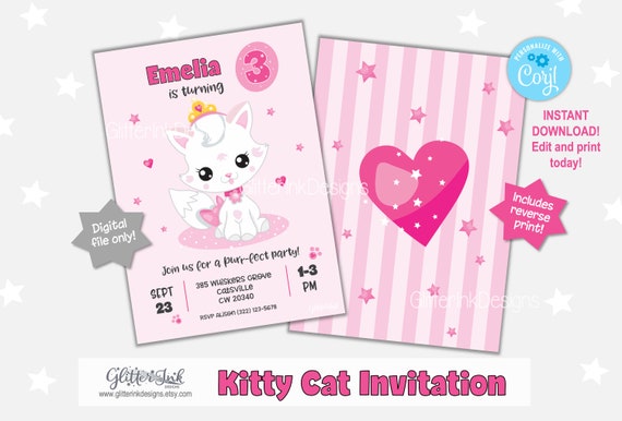 Cat party invitation / Kitty invitation / Princess kitten birthday party printable invitation Il_570xn