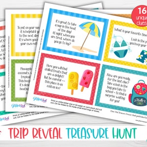 May include: A set of 16 colorful cards with clues for a summer-themed treasure hunt. The cards have a variety of designs, including a beach umbrella, popsicles, a swimsuit, and a backpack. The text on the cards includes phrases like "It's great to take a nap in the heat of the day!" and "What is your favorite time of the year?" The cards are printed on white letter-sized paper and can be folded to fit inside small treat bags or boxes.