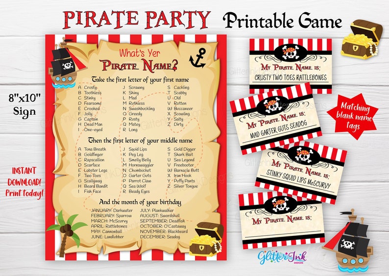 What's your Pirate name party game / Printable Pirate party sign with name tags and name cards / Pirate birthday games digital download imagem 1
