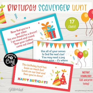 Birthday party scavenger hunt clue cards & sign / Birthday treasure hunt clues for kids / Printable birthday party game - instant download image 5