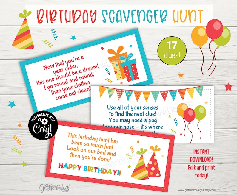 Birthday party scavenger hunt clue cards & sign / Birthday treasure hunt clues for kids / Printable birthday party game - instant download image 5