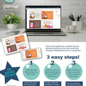 May include: A digital download of printable Thanksgiving cards featuring a fall theme with pumpkins, leaves, and a warm drink. The cards can be edited using the Corjl online tool. The text on the cards reads "Happy Thanksgiving!" and "Pumpkin pie,  a warm fire,  and the place where you feel at home."