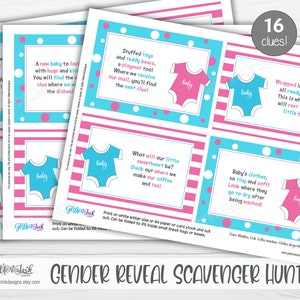 May include: A gender reveal scavenger hunt game with 16 clues. Each clue is printed on a card with a pink and blue striped background. The cards feature a baby onesie with the text "baby" on it. The cards are designed to be printed and cut out.