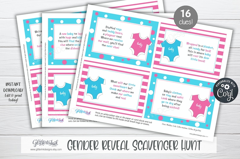 May include: A gender reveal scavenger hunt game with 16 clues. Each clue is printed on a card with a pink and blue striped background. The cards feature a baby onesie with the text "baby" on it. The cards are designed to be printed and cut out.