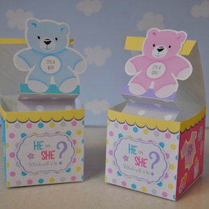 Gender reveal Jack in the Box pop up favor boxes, Printable baby shower party favors, He or She teddy bear nursery decor