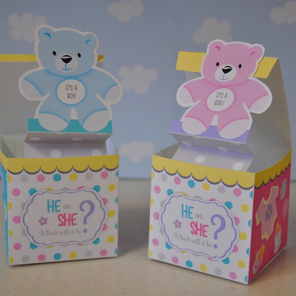 Gender reveal box / Jack in the Box pop up favor boxes / baby shower party decor / He or She printable party favors / teddy bear party decor