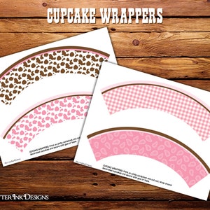 Pink cowgirl party cupcake toppers and wrappers / Wild West printable favor bag tags image 3