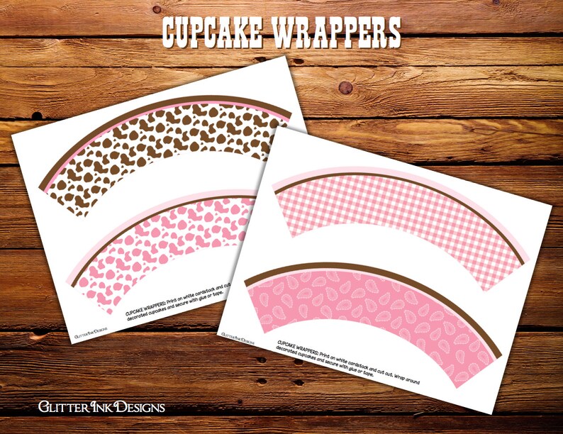 Pink cowgirl party cupcake toppers and wrappers / Wild West printable favor bag tags image 3