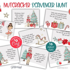 Tarjetas con pistas para la búsqueda del tesoro navideña del Cascanueces, pistas de búsqueda del tesoro para imprimir en juegos familiares en interiores para niños