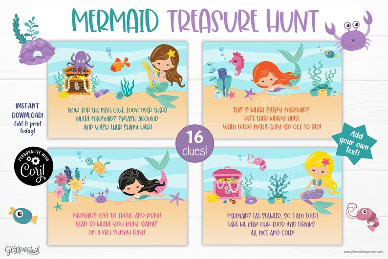 May include: A set of 16 printable mermaid treasure hunt clues. Each clue features a colorful illustration of a mermaid, a treasure chest, and other ocean-themed elements. The text on each clue provides a riddle or hint for the next step in the treasure hunt. The clues are designed to be used for a mermaid-themed party or event.
