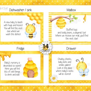 May include: A set of 14 printable baby shower game cards with a bee theme. Each card features a different location in a house, such as the mailbox, fridge, and drawer, with a rhyming clue to help guests find the next clue. The cards are decorated with yellow honeycomb patterns and cute bee illustrations.