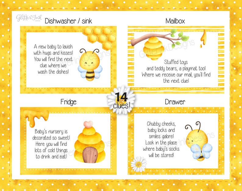 May include: A set of 14 printable baby shower game cards with a bee theme. Each card features a different location in a house, such as the mailbox, fridge, and drawer, with a rhyming clue to help guests find the next clue. The cards are decorated with yellow honeycomb patterns and cute bee illustrations.