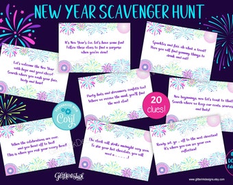 2024 New Years Eve scavenger hunt clue cards / New Year's Eve treasure hunt clues for kids / Happy New Year printable family party games