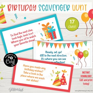 Birthday party scavenger hunt clue cards & sign / Birthday treasure hunt clues for kids / Printable birthday party game - instant download image 4