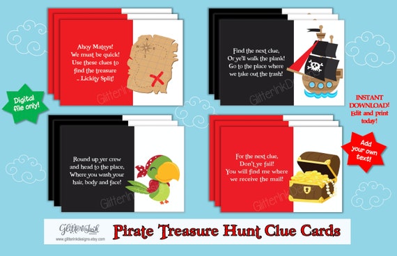 Pirate treasure scavenger hunt clue cards with rhyming riddles - indoors and outdoors - edit and print yourself Instant Download with Corjl Il_570xn