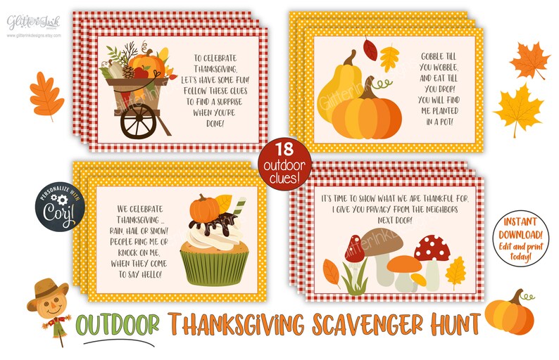 Outdoor Thanksgiving Scavenger Hunt Clue Cards, Printable Turkey Hunt