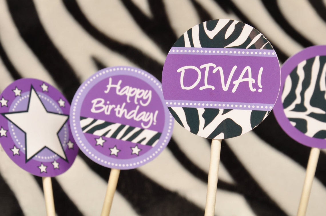 Diva Glam Spa Party Purple Zebra Print Pdf Printable Cupcake Etsy