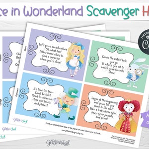 May include: A set of printable Alice in Wonderland scavenger hunt cards featuring illustrations of Alice, the Mad Hatter, the White Rabbit, and the Queen of Hearts. The cards are designed to be printed on letter size or A4 paper and cut out. The text on the cards includes instructions for the scavenger hunt, such as "Let's go on an adventure - Oh, what fun! Follow these clues to find a surprise when you're done!" and "Down the rabbit hole you go! To where you sit to watch your favorite show!"