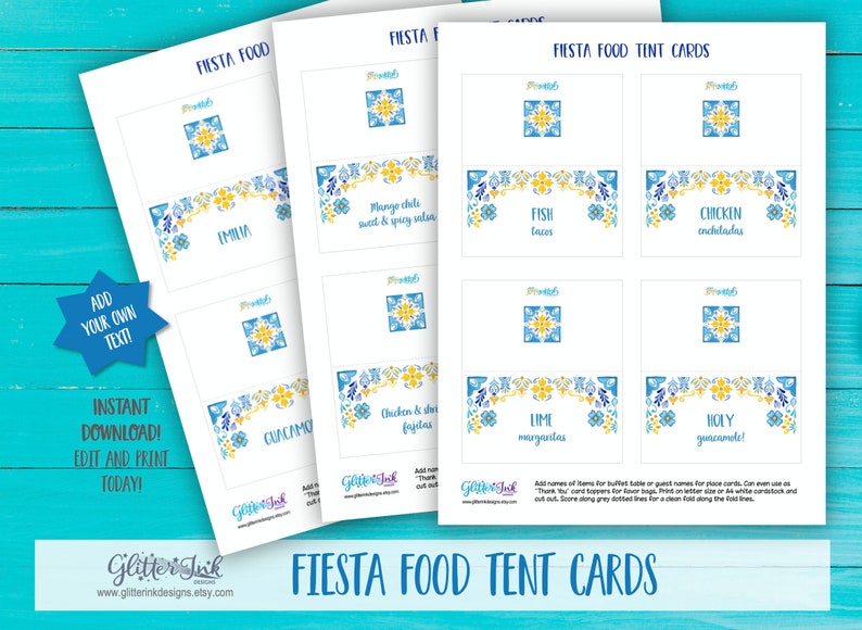 Mexican fiesta food tent cards / Cinco de mayo decorations / Mexican theme party fiesta bridal shower / Mexican tile printable name cards image 6