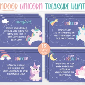 Tarjetas de pistas imprimibles para la búsqueda del tesoro del unicornio en interiores para niños, juego de fiesta de cumpleaños con pistas de búsqueda del tesoro editables: edita y descarga con Corjl