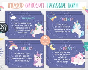 Unicorn scavenger hunt clue cards / Unicorn party kids treasure hunt clues indoor / Printable unicorn birthday party game digital download
