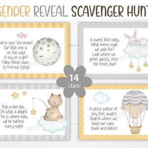Tarjetas con pistas para la búsqueda del tesoro con revelación de género, pistas para la búsqueda del tesoro con tema neutral para baby shower, juegos de fiesta imprimibles