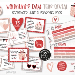 Valentine&#39;s Day surprise trip reveal scavenger hunt and boarding pass / Valentines Day treasure hunt clues / Adult couple valentine gift