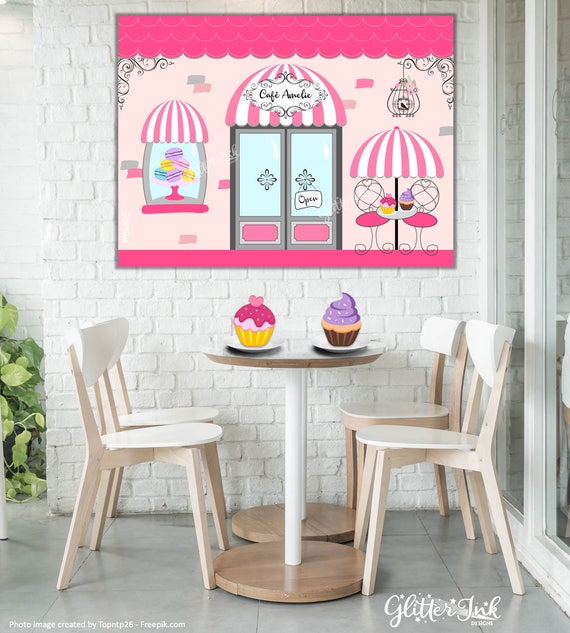 Paris party printable PERSONALIZED poster dessert table backdrop photo prop wall art French caf\u00e9 patisserie bakery cupcakes macaroons cake