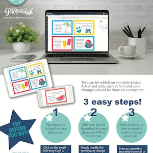 May include: A laptop, tablet, and smartphone display a customizable design with beach-themed graphics. The text reads "EDIT, DOWNLOAD AND PRINT TODAY." Instructions are provided for editing, saving, and printing the design. A star-shaped graphic says "TRY BEFORE YOU BUY!"