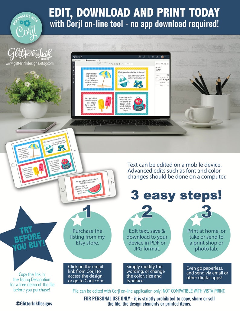 May include: A laptop, tablet, and smartphone display a customizable design with beach-themed graphics. The text reads "EDIT, DOWNLOAD AND PRINT TODAY." Instructions are provided for editing, saving, and printing the design. A star-shaped graphic says "TRY BEFORE YOU BUY!"