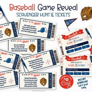 Búsqueda del tesoro con revelación de juego de béisbol y boletos editables, juegos familiares sorpresa de cumpleaños o Navidad con pistas de búsqueda del tesoro imprimibles